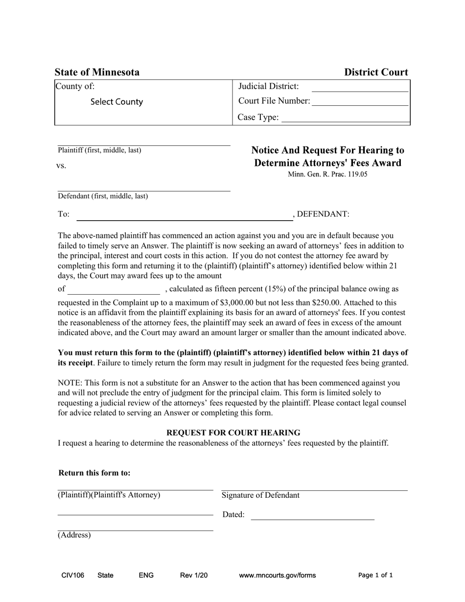 Form CIV106 Notice and Request for Hearing to Determine Attorneys Fees Award - Minnesota, Page 1