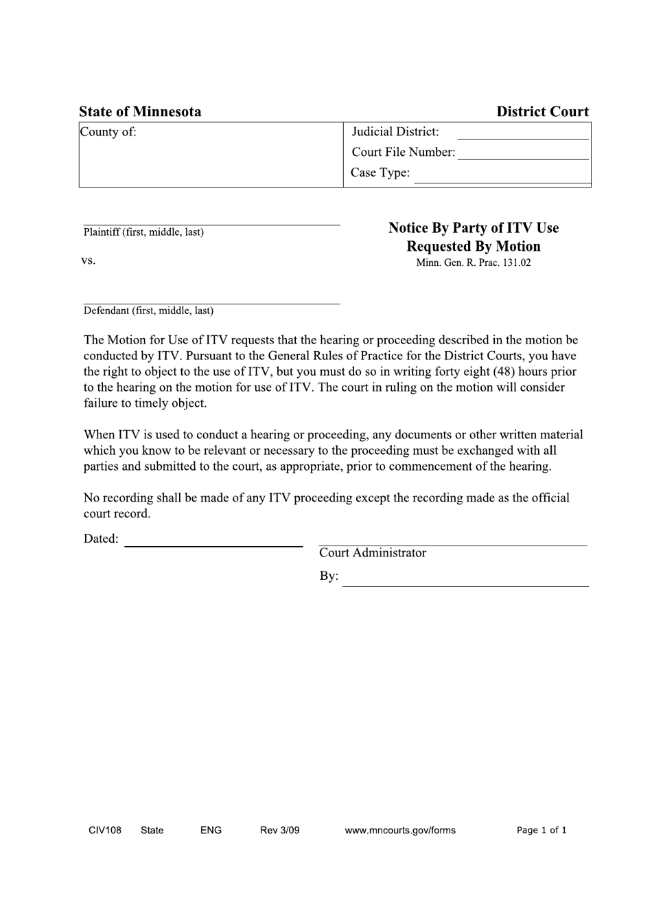 Form CIV108 Notice by Party of Itv Use Requested by Motion - Minnesota, Page 1