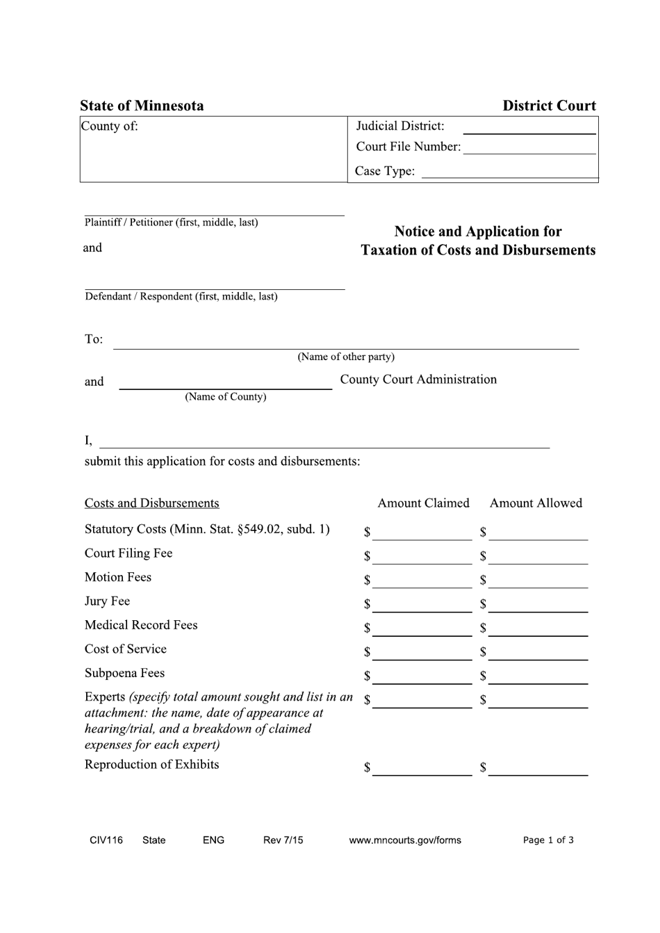 Form CIV116 Application for Costs and Disbursements - Minnesota, Page 1