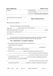 Document preview: Form CIV401 Minor Settlement Order - Minnesota