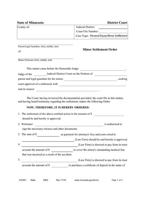Form CIV401 Minor Settlement Order - Minnesota