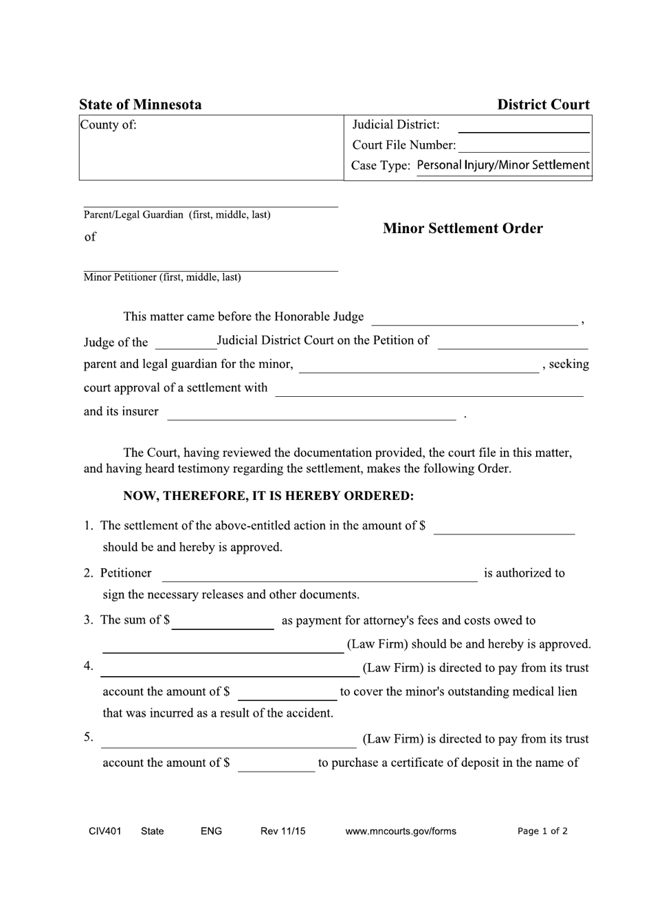 Form CIV401 Minor Settlement Order - Minnesota, Page 1