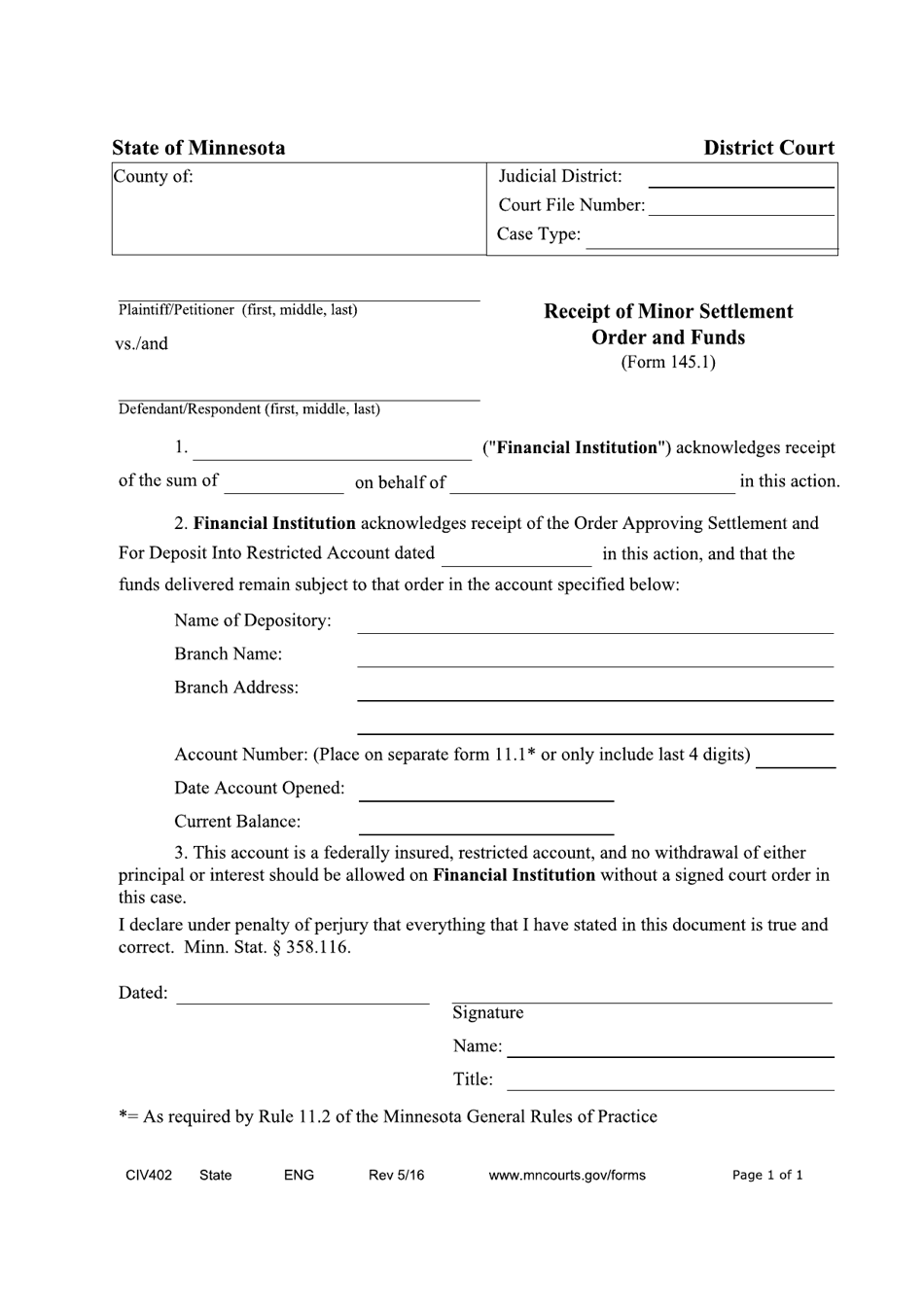 Form 145.1 (CIV402) Receipt of Minor Settlement Order and Funds - Minnesota, Page 1