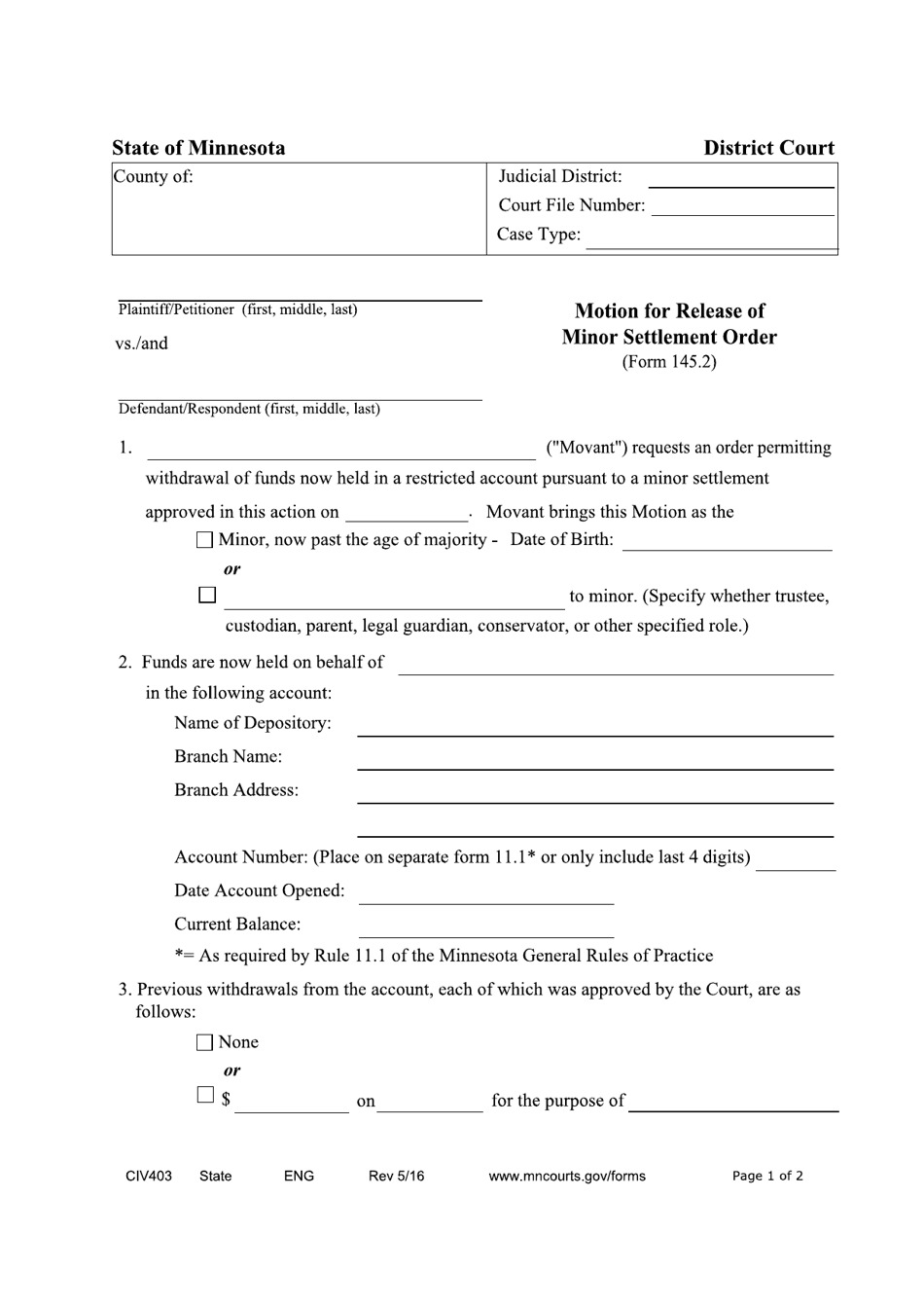 Form 145.2 (CIV403) Motion for Release of Minor Settlement Funds - Minnesota, Page 1