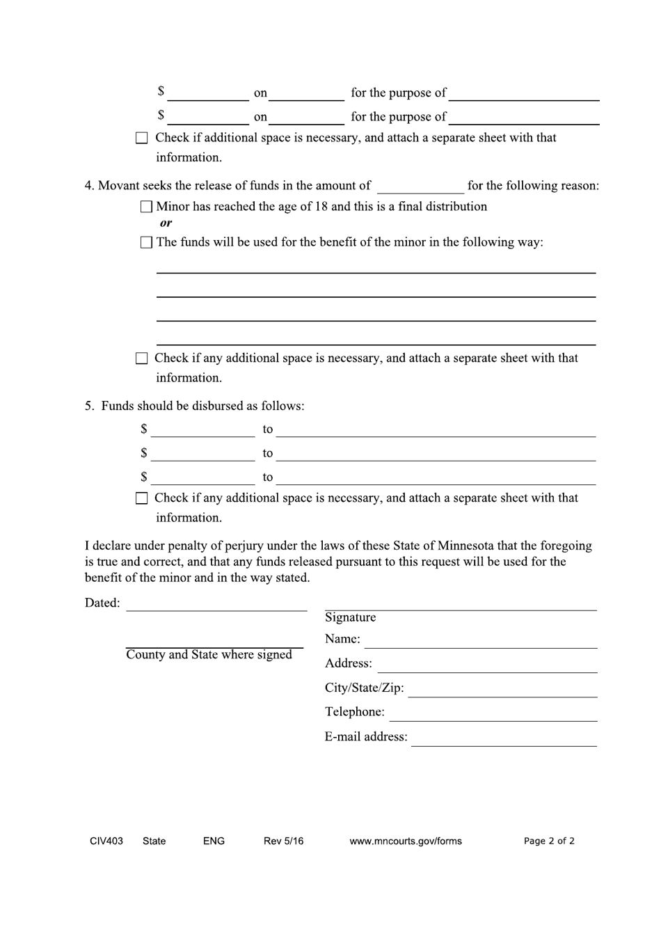 Form 145.2 (CIV403) Motion for Release of Minor Settlement Funds - Minnesota, Page 2