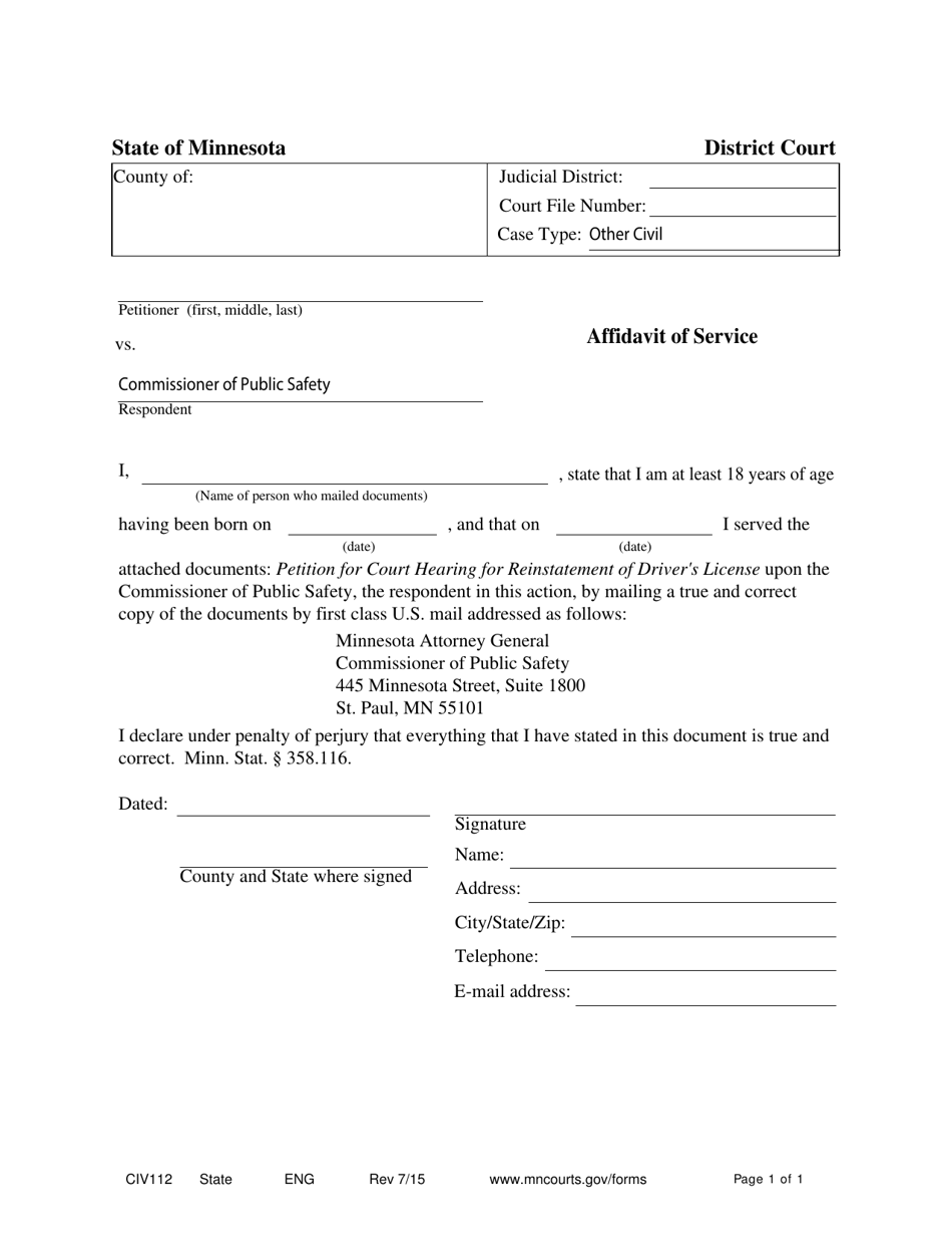 Form CIV112 Affidavit of Service - Reinstatement of License - Minnesota, Page 1