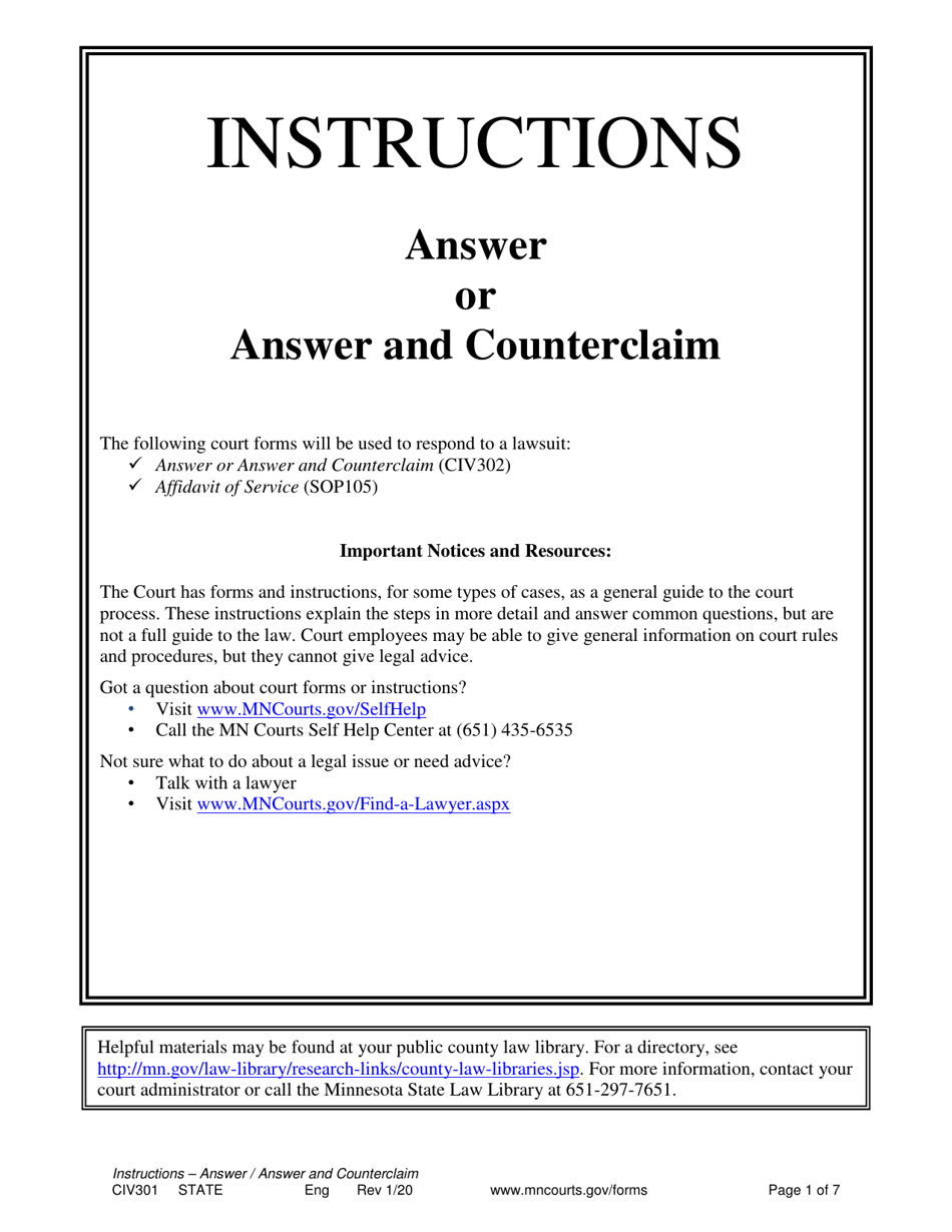 Instructions for Form CIV302, SOP105 Answer or Answer and Counterclaim - Minnesota, Page 1