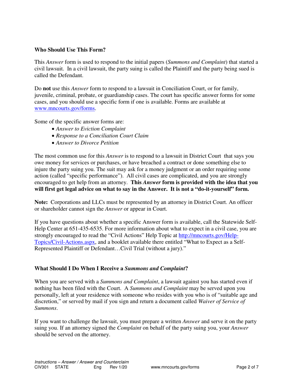 Instructions for Form CIV302, SOP105 Answer or Answer and Counterclaim - Minnesota, Page 2
