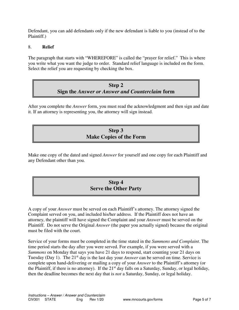 Instructions for Form CIV302, SOP105 Answer or Answer and Counterclaim - Minnesota, Page 5