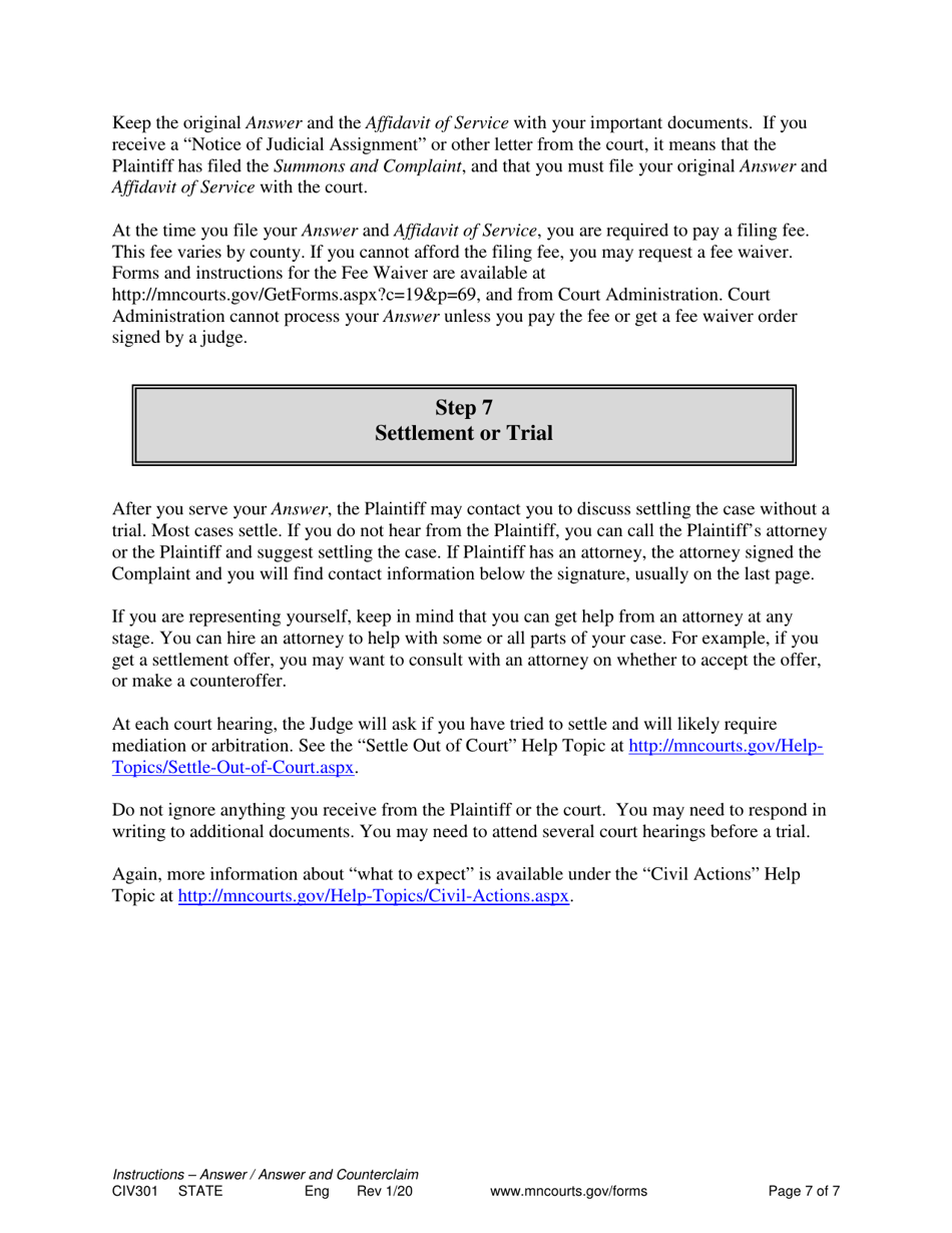 Instructions for Form CIV302, SOP105 Answer or Answer and Counterclaim - Minnesota, Page 7