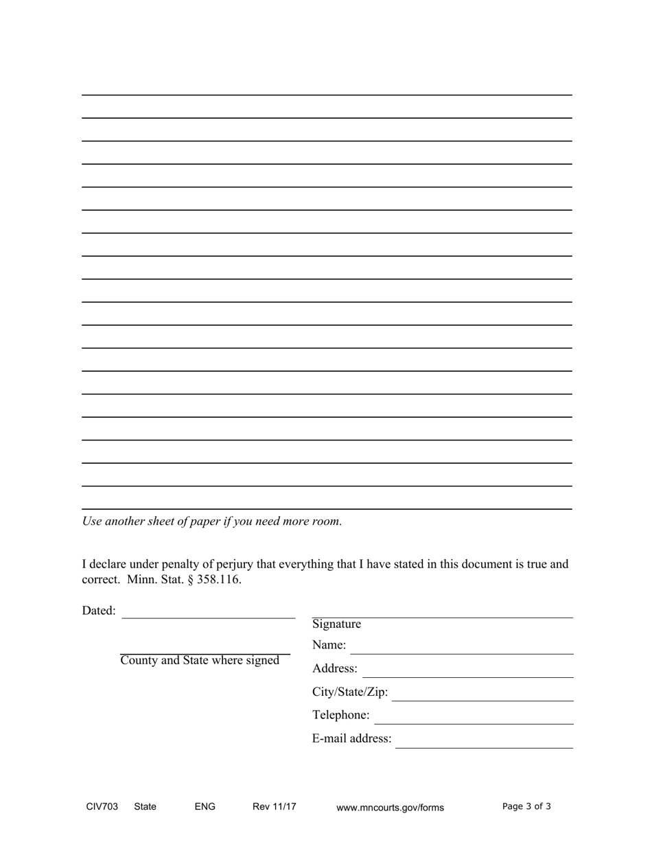 Form CIV703 Affidavit in Support of Responsive Motion - Minnesota, Page 3