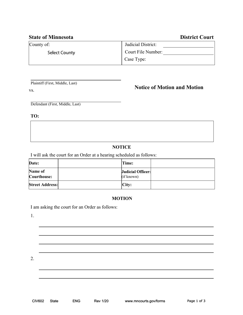 Form CIV602 Notice of Motion and Motion - Minnesota, Page 1