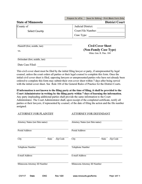 Form CIV117 Civil Cover Sheet (Non-family Case Type) - Minnesota