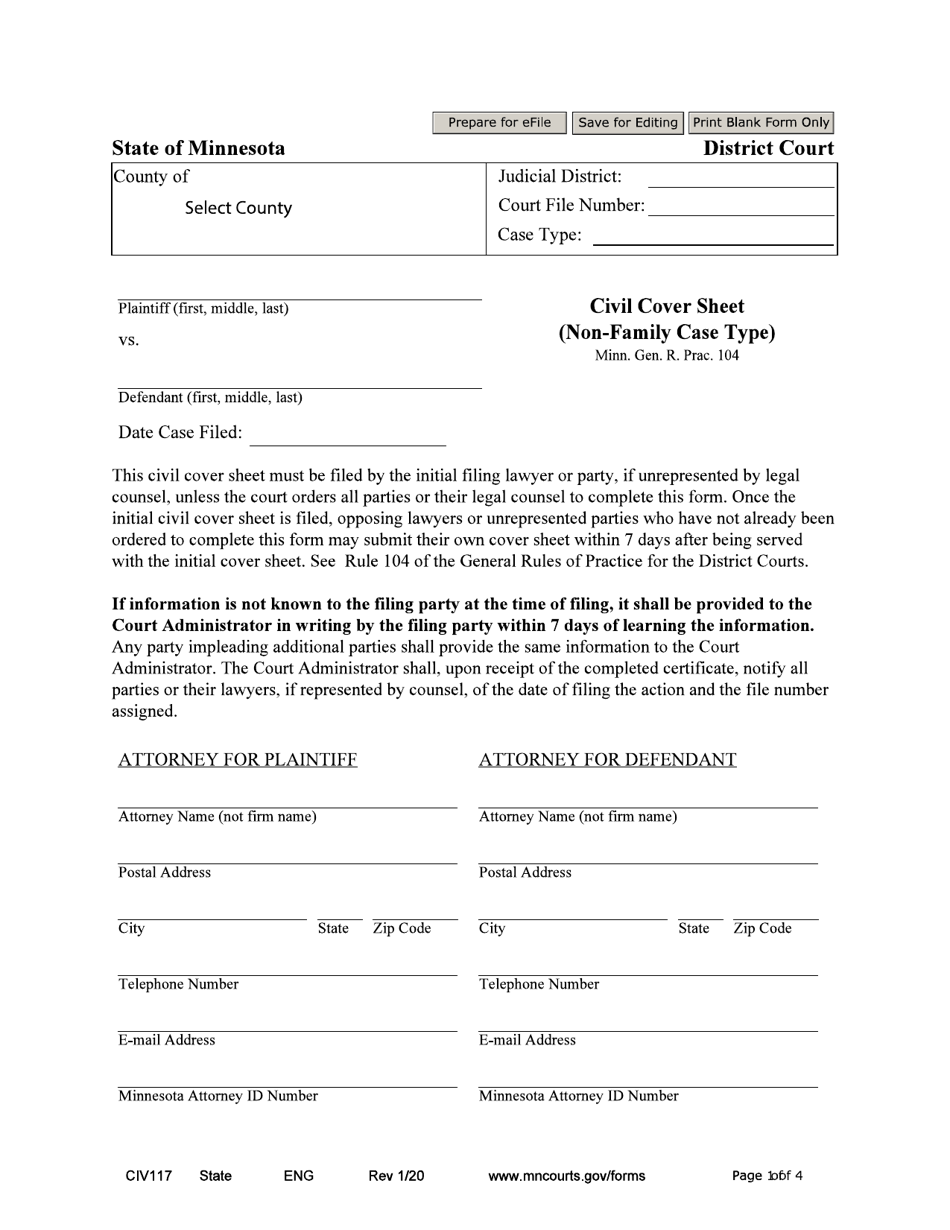 Form CIV117 Civil Cover Sheet (Non-family Case Type) - Minnesota, Page 1