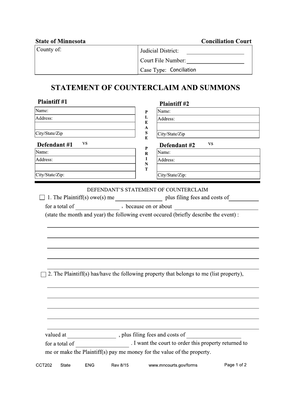 Form CCT202 Statement of Counterclaim and Summons - Minnesota, Page 1