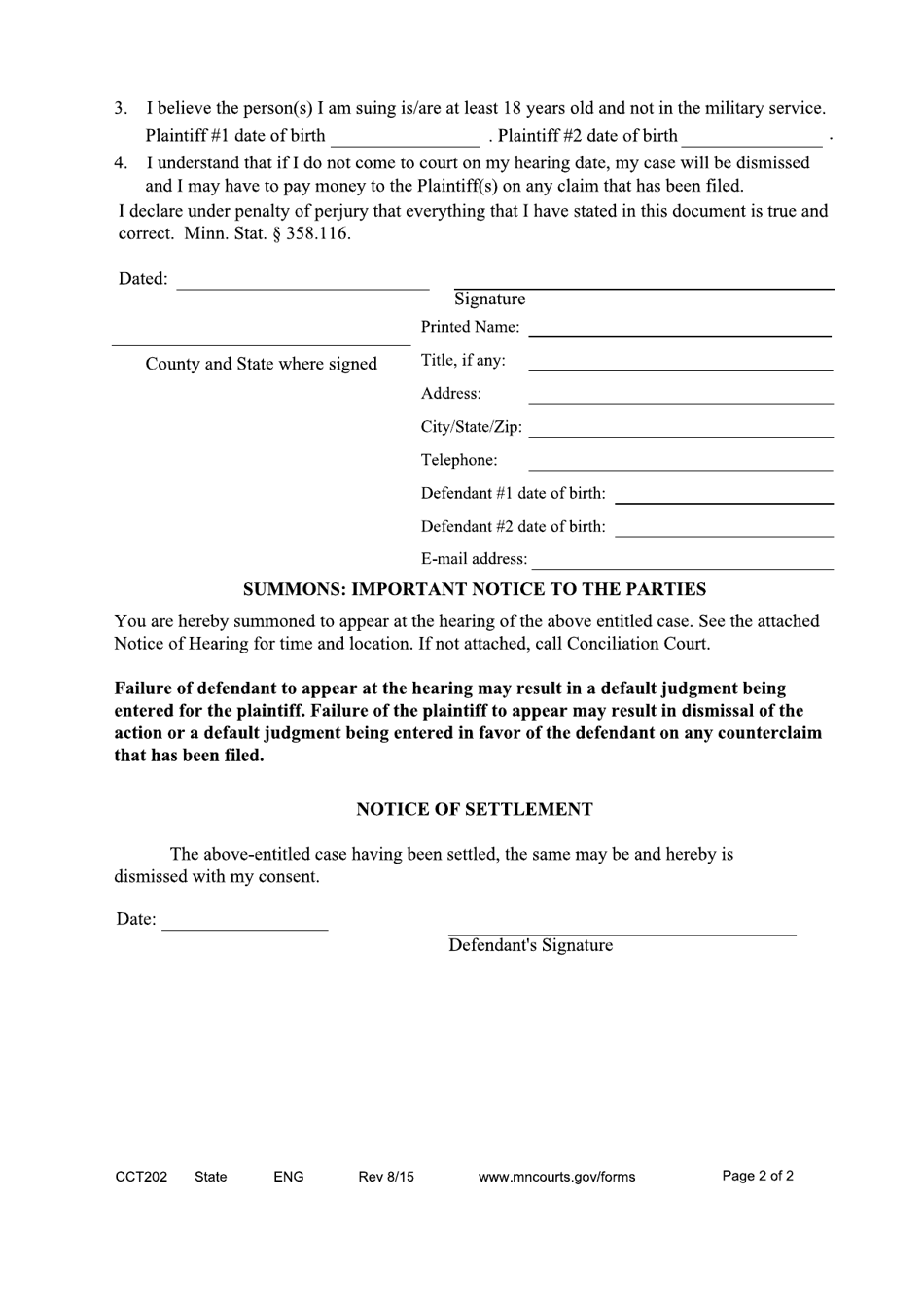 Form CCT202 Statement of Counterclaim and Summons - Minnesota, Page 2
