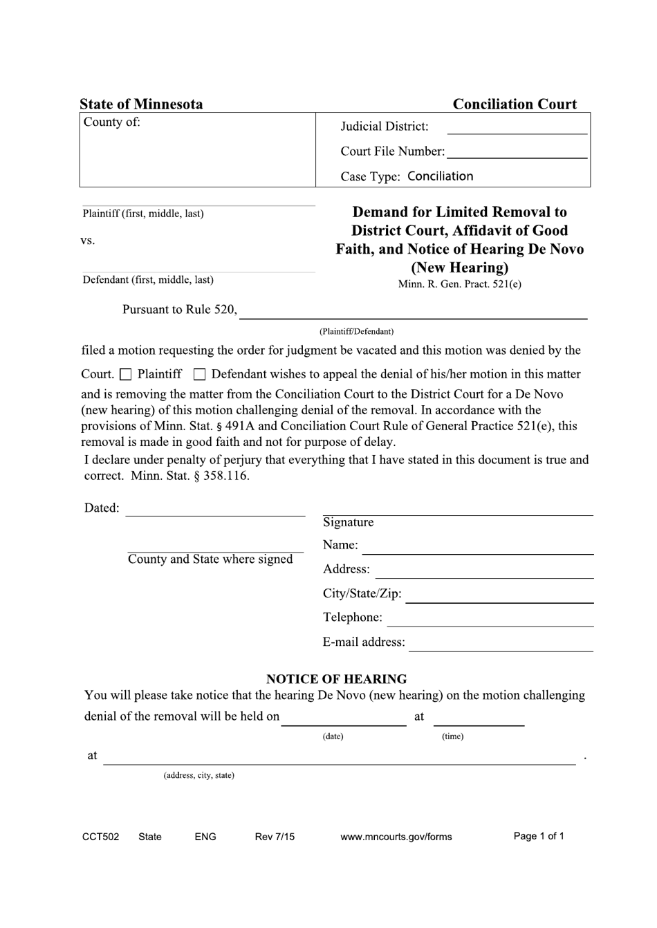 Form CCT502 Demand for Limited Removal - Minnesota, Page 1