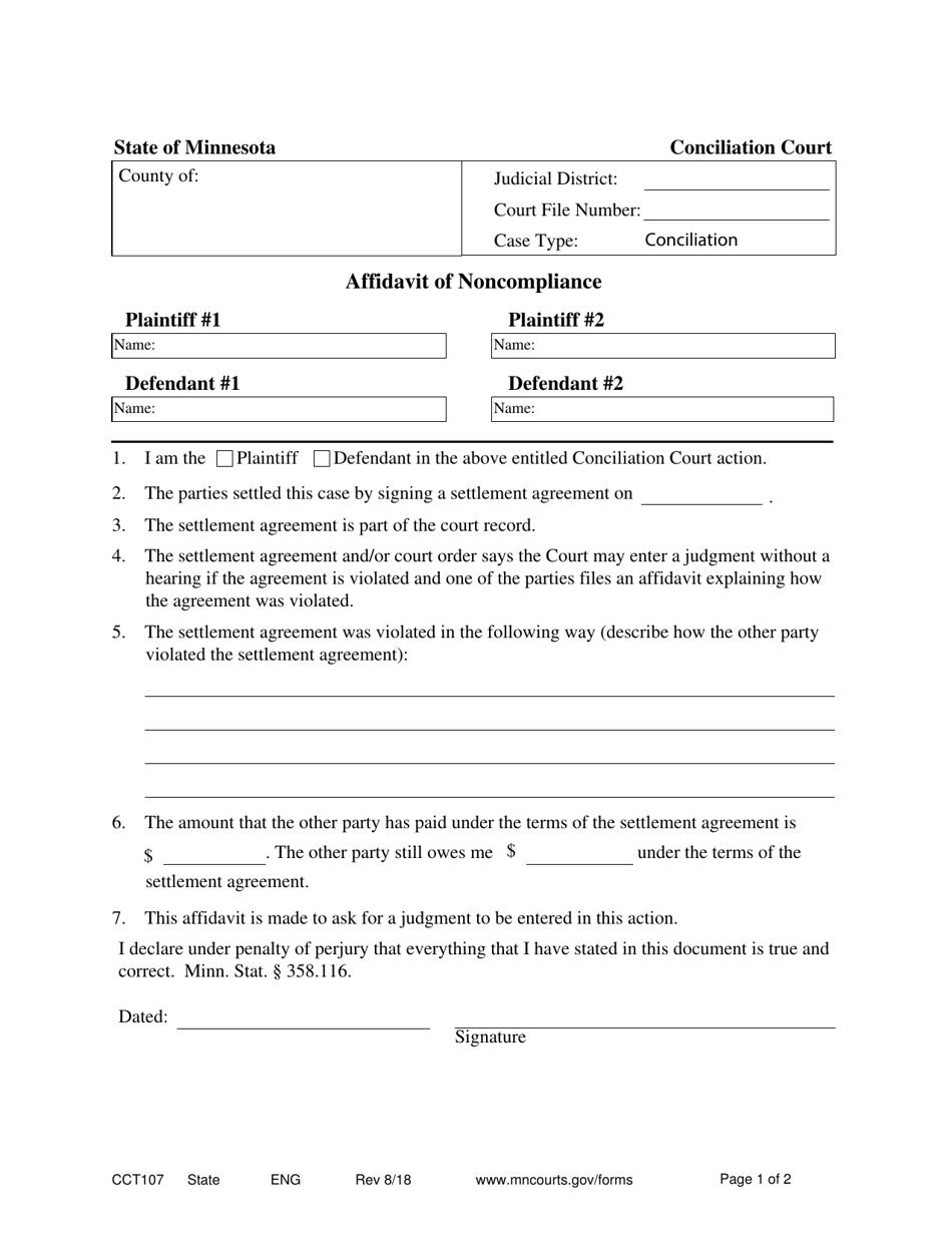 Form CCT107 Affidavit of Noncompliance - Minnesota, Page 1