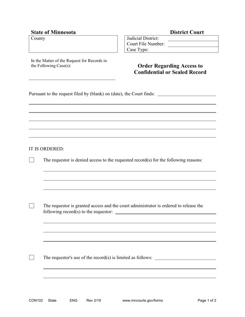 Form CON102 Order Regarding Access to Confidential or Sealed Record - Minnesota