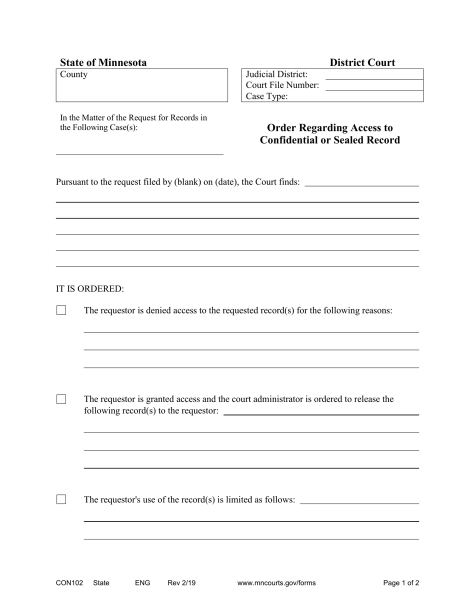 Form CON102 Order Regarding Access to Confidential or Sealed Record - Minnesota, Page 1