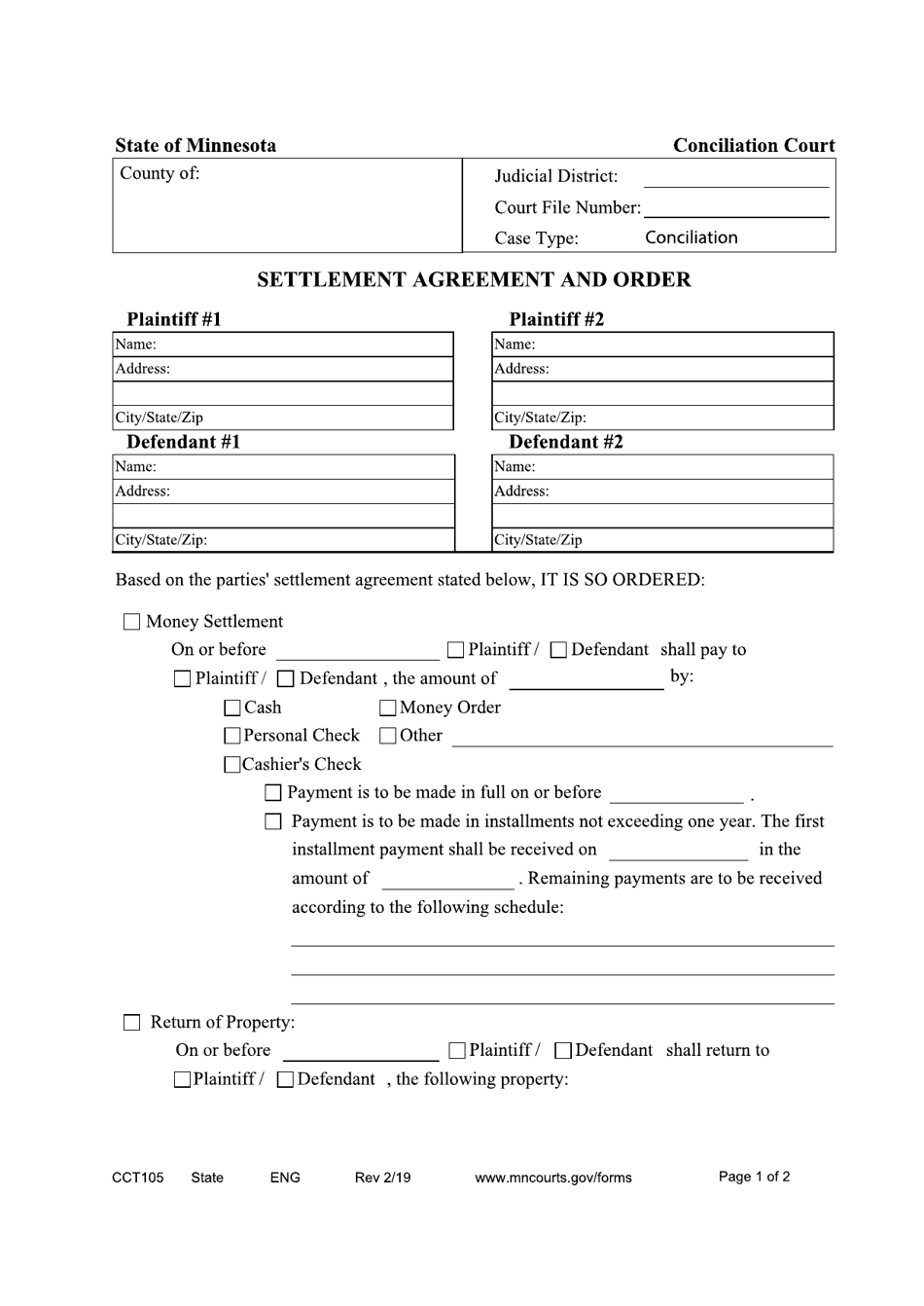 Form CCT105 Settlement Agreement and Order - Minnesota, Page 1