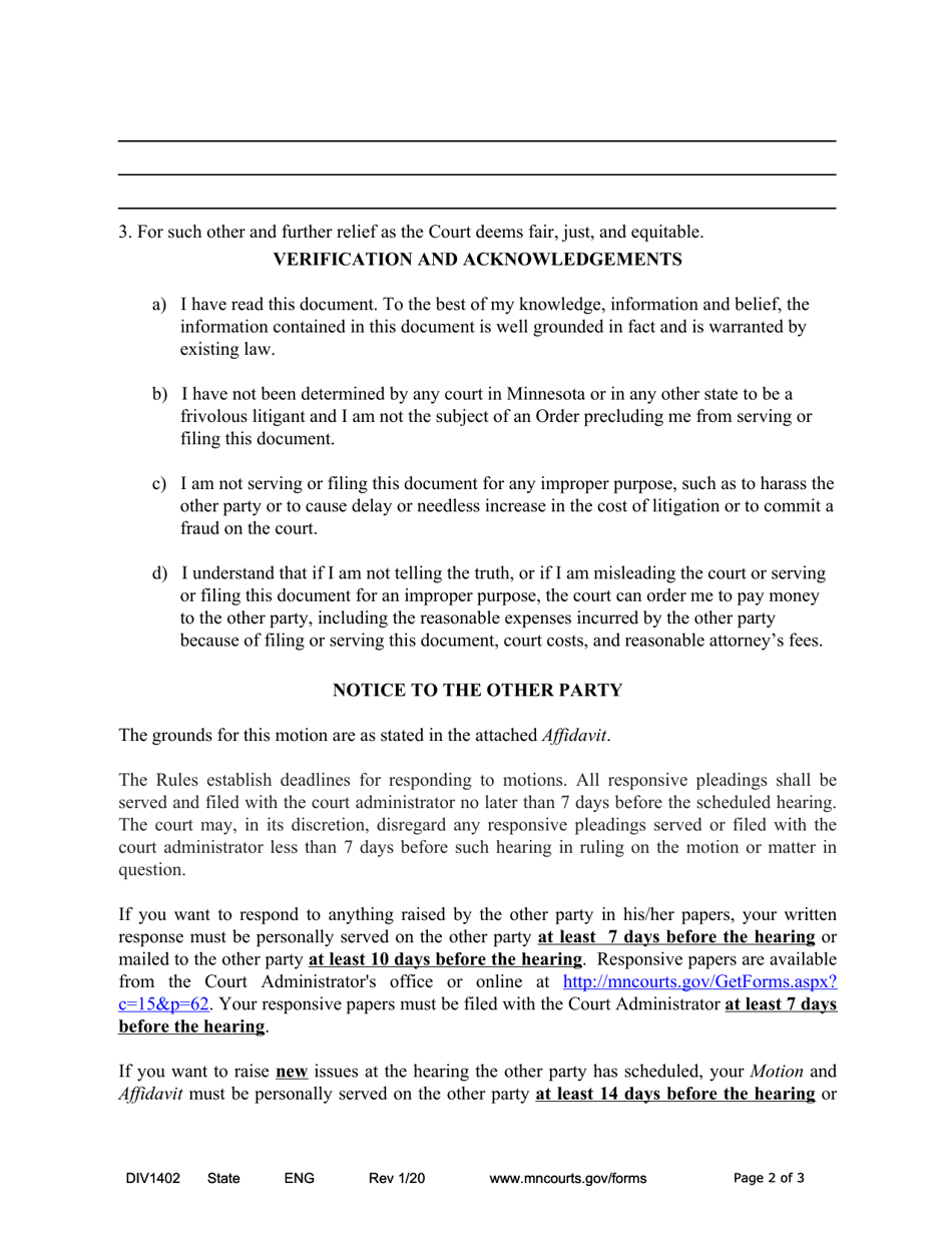 Form DIV1402 Notice of Motion and Motion for Contempt of Court - Minnesota, Page 2