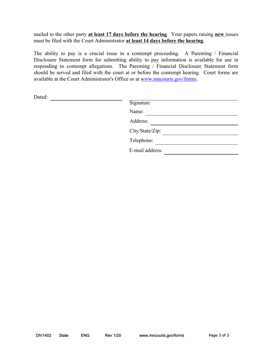 Form DIV1402 Notice of Motion and Motion for Contempt of Court - Minnesota, Page 3