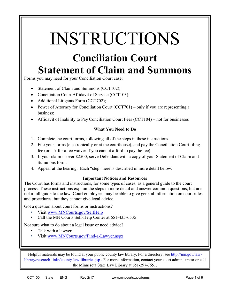 Form CCT100 Conciliation Court Statement of Claim and Summons - Minnesota, Page 1