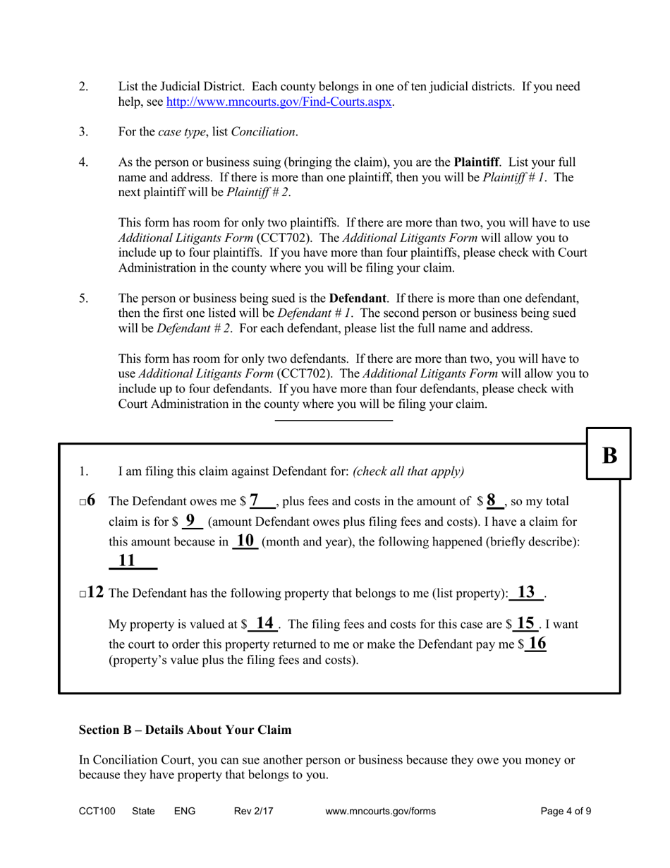 Form CCT100 Conciliation Court Statement of Claim and Summons - Minnesota, Page 4