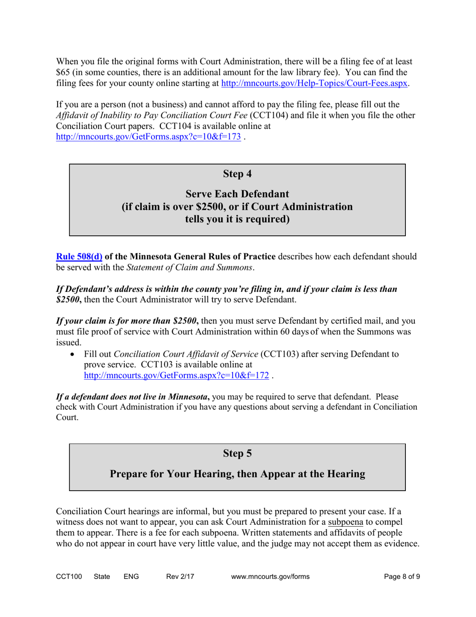 Form CCT100 Conciliation Court Statement of Claim and Summons - Minnesota, Page 8