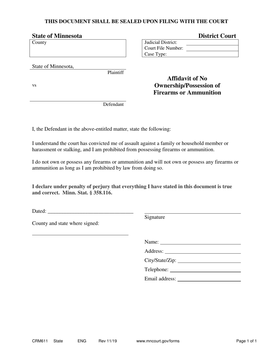 Form CRM611 Affidavit of No Ownership / Possession of Firearms or Ammunition - Minnesota, Page 1