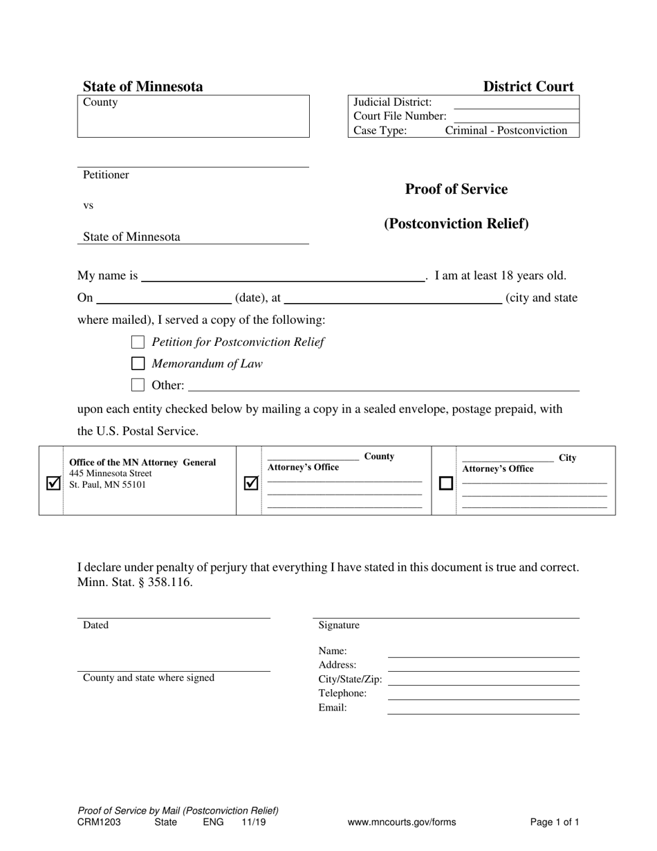 Form CRM1203 Proof of Service (Postconviction Relief) - Minnesota, Page 1
