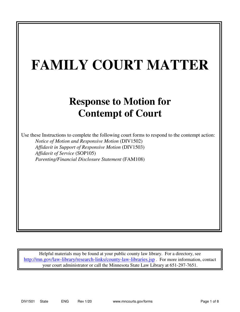 Form DIV1501 Response to Motion for Contempt of Court - Minnesota, Page 1