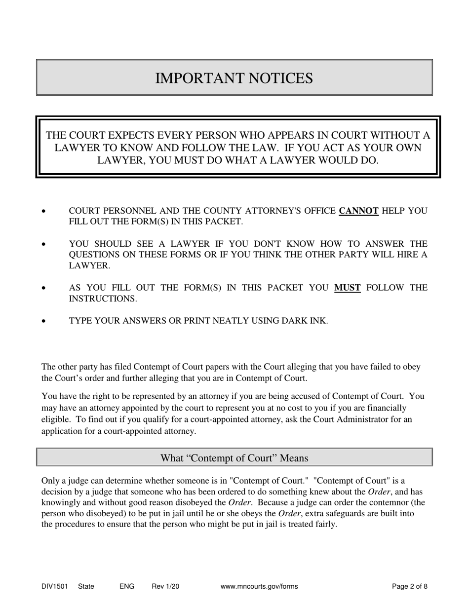 Form DIV1501 Response to Motion for Contempt of Court - Minnesota, Page 2