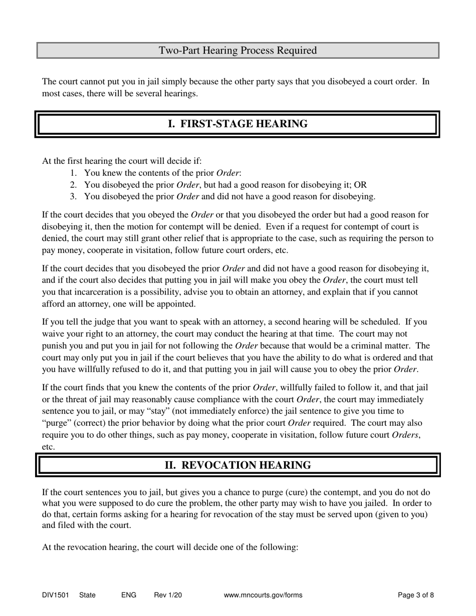 Form DIV1501 Response to Motion for Contempt of Court - Minnesota, Page 3