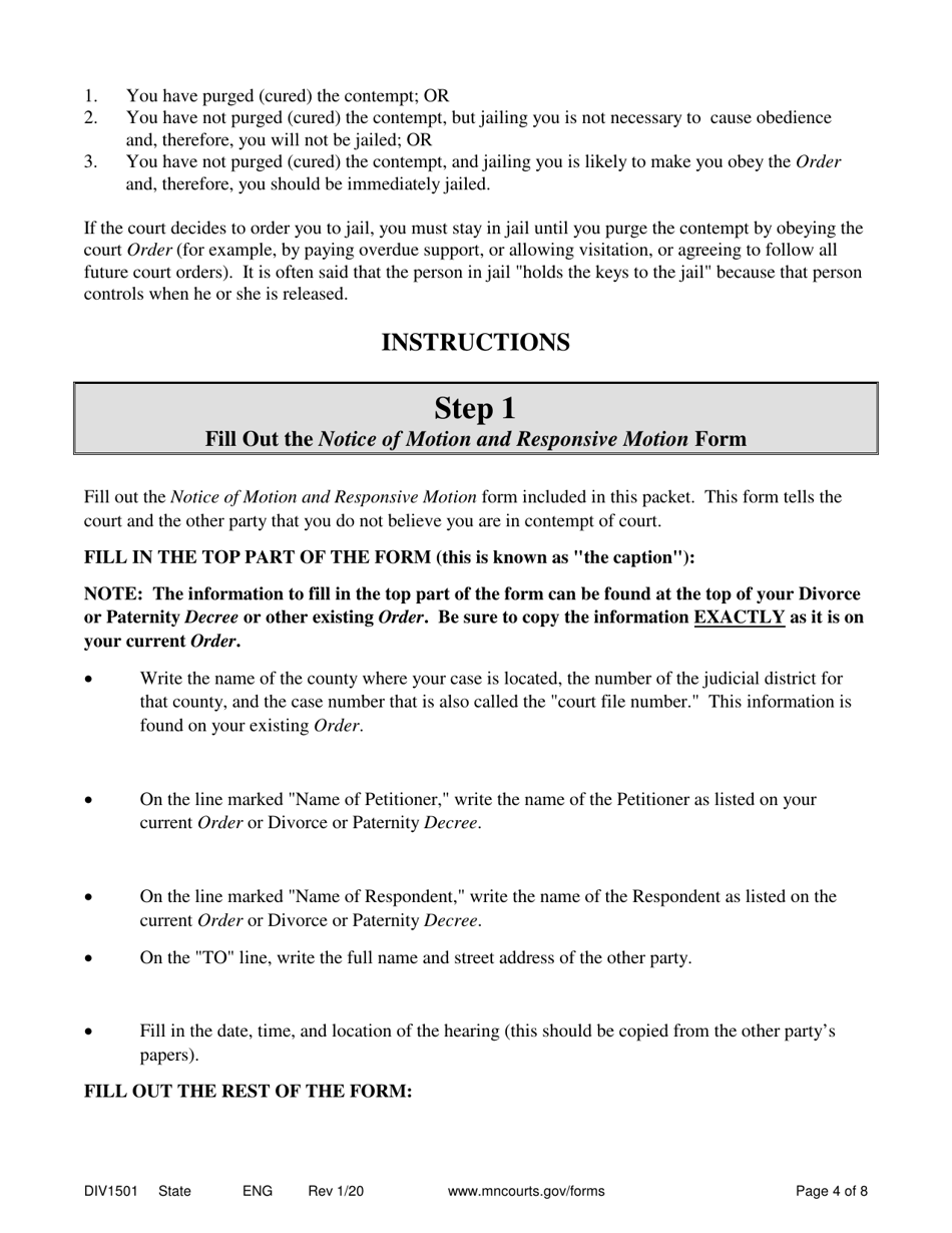 Form DIV1501 Response to Motion for Contempt of Court - Minnesota, Page 4