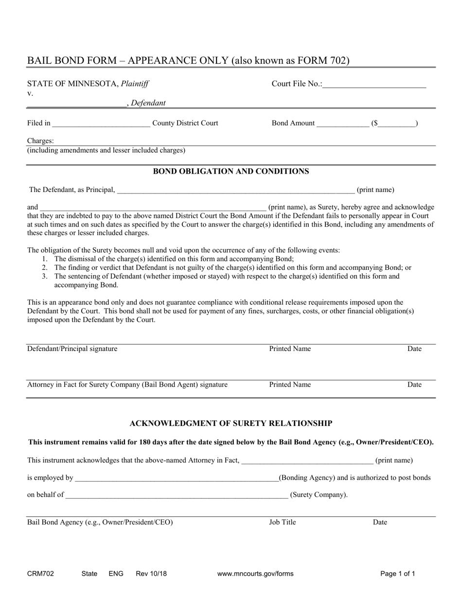 Form CRM702 Bail Bond for Appearance Only - Minnesota, Page 1