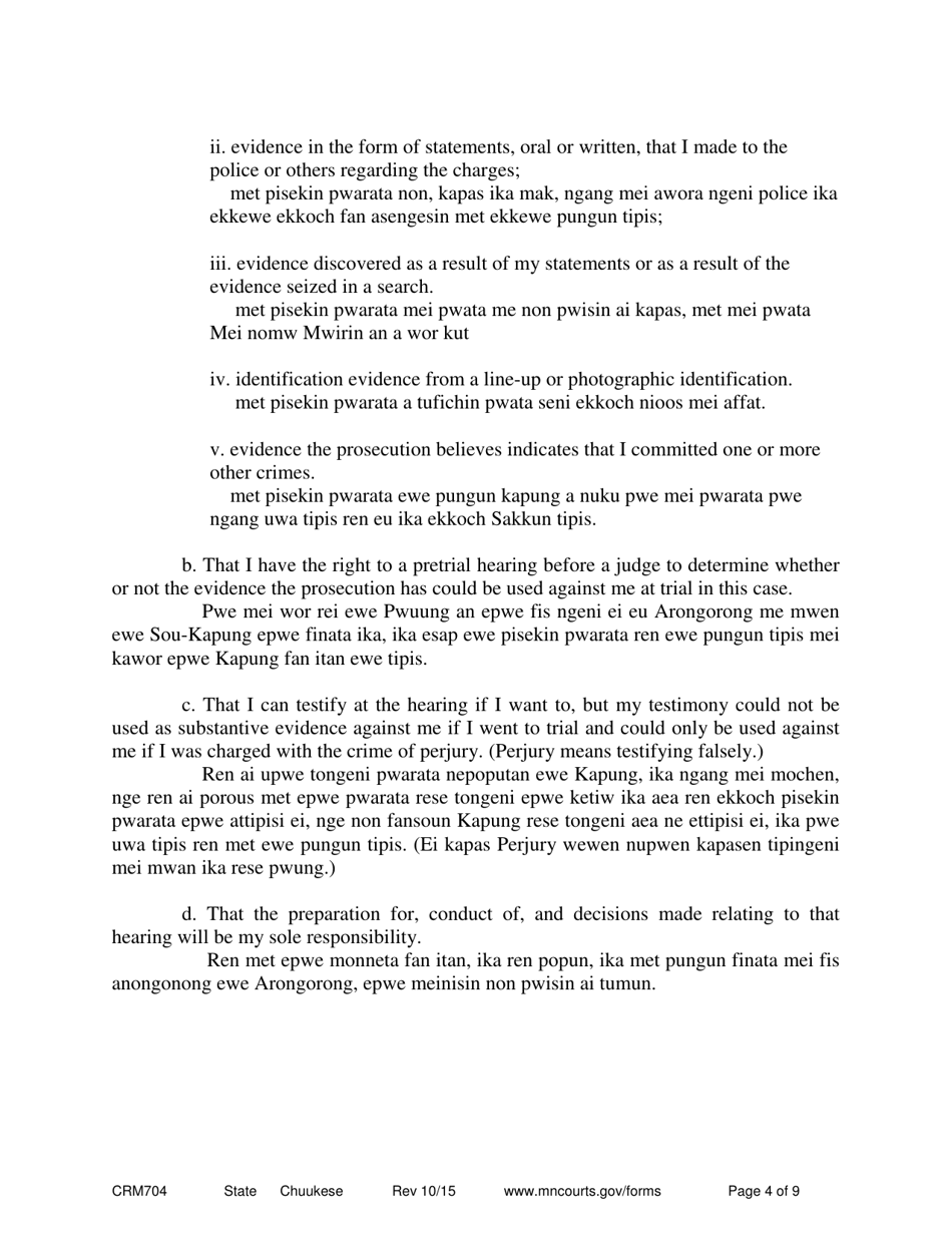 Form 11 (CRM704) Petition to Proceed as Pro Se Counsel - Minnesota (English / Chuukese), Page 4