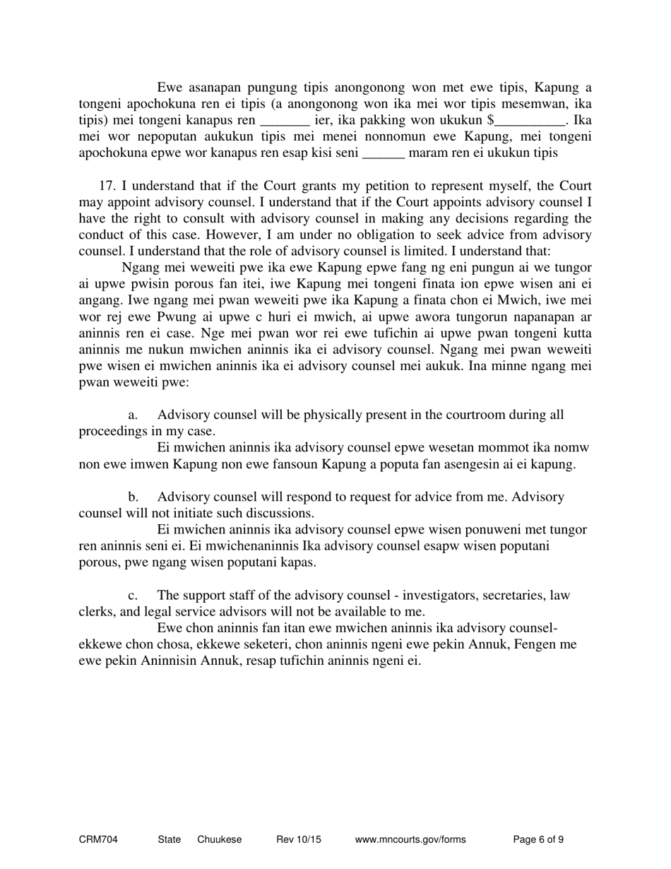 Form 11 (CRM704) Petition to Proceed as Pro Se Counsel - Minnesota (English / Chuukese), Page 6