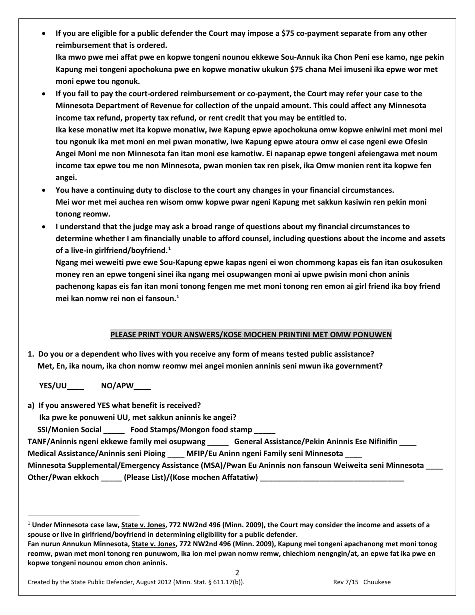 Minnesota Application for a Public Defender (English/Chuukese) Fill