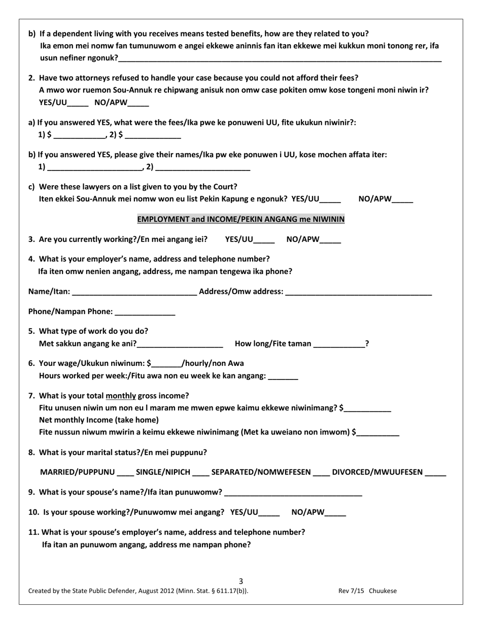 Application for a Public Defender - Minnesota (English / Chuukese), Page 3