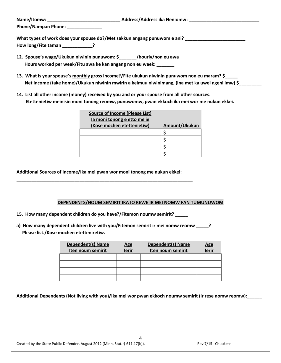 Minnesota Application for a Public Defender (English/Chuukese) Fill