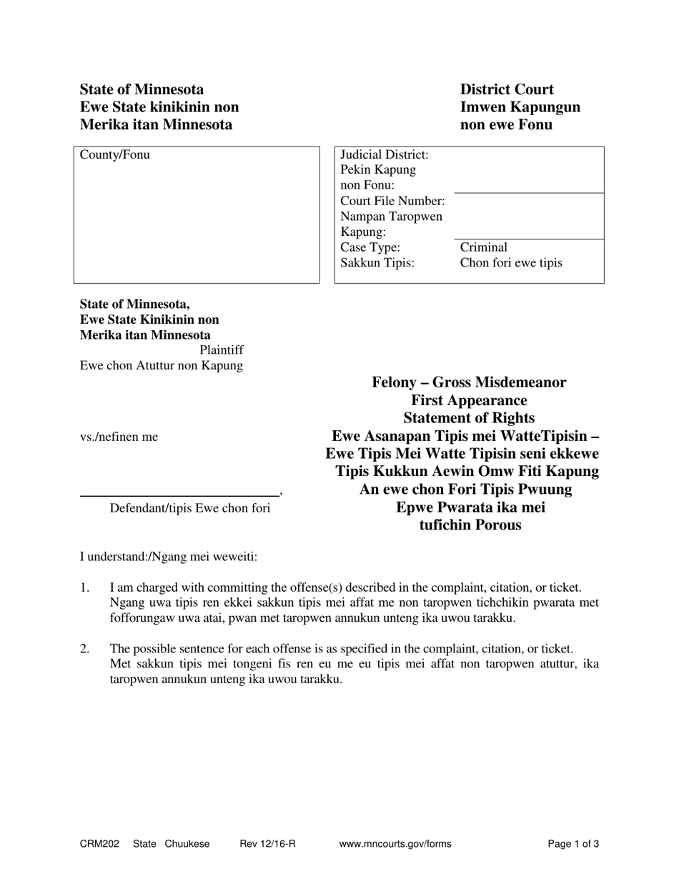 Form CRM202 Felony - Gross Misdemeanor First Appearance Statement of Rights - Minnesota (English / Chuukese), Page 1