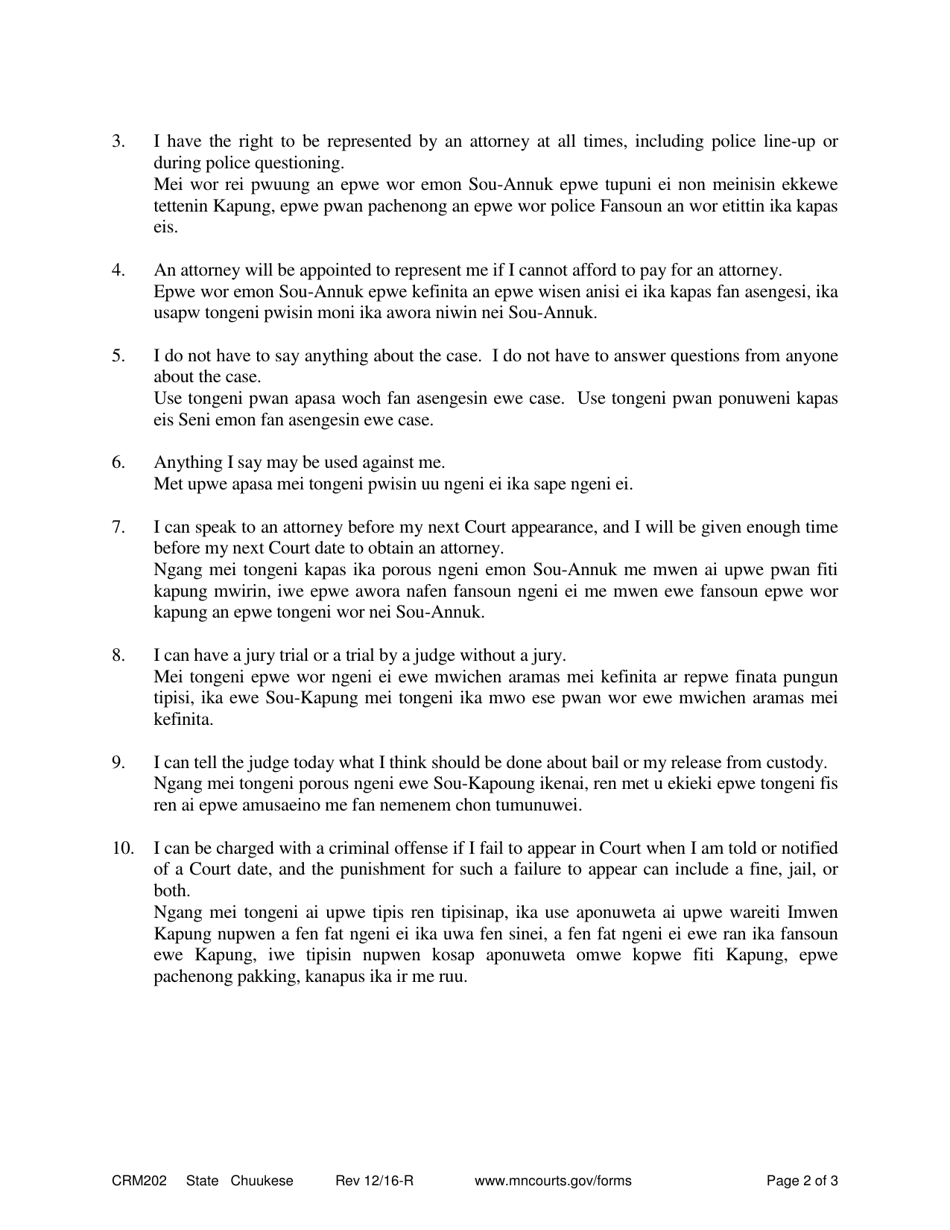 Form CRM202 Felony - Gross Misdemeanor First Appearance Statement of Rights - Minnesota (English / Chuukese), Page 2