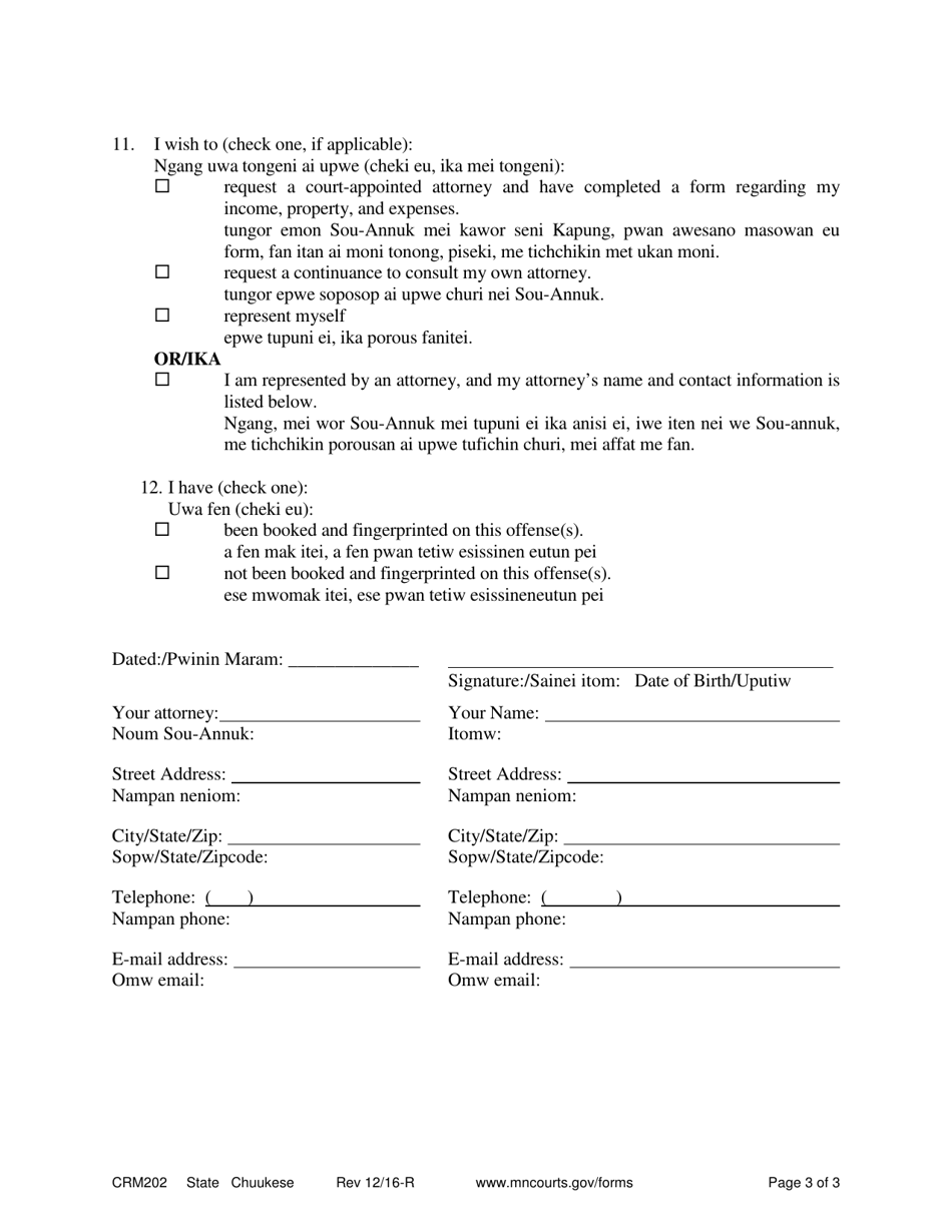 Form CRM202 Felony - Gross Misdemeanor First Appearance Statement of Rights - Minnesota (English / Chuukese), Page 3