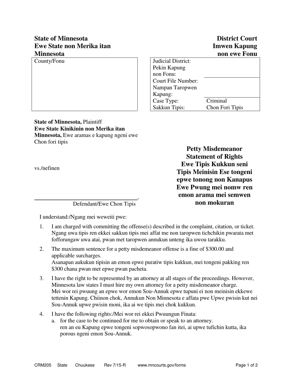 Form CRM205 Petty Misdemeanor Statement of Rights - Minnesota (English / Chuukese), Page 1