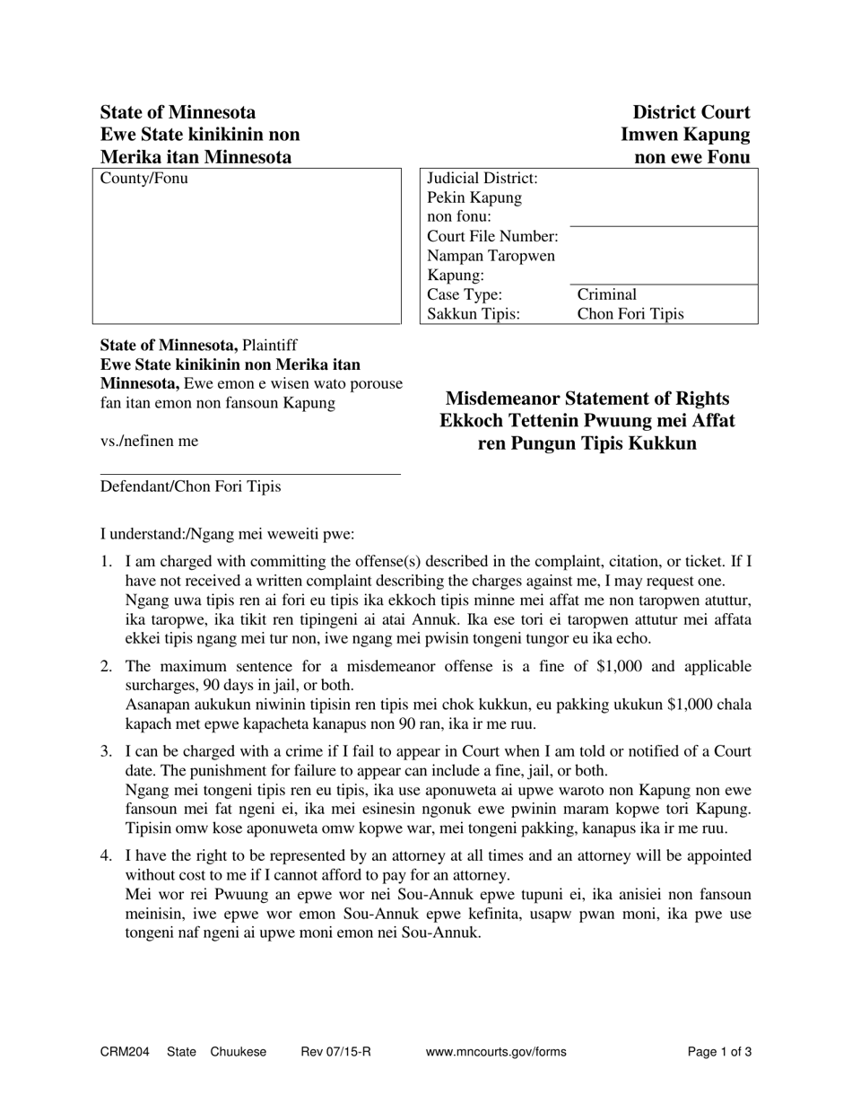 Form CRM204 Misdemeanor Statement of Rights - Minnesota (English / Chuukese), Page 1