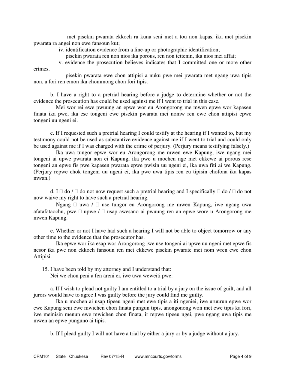 Form CRM101 Appendix A Petition to Enter Guilty Plea (Felony) - Minnesota (English / Chuukese), Page 4