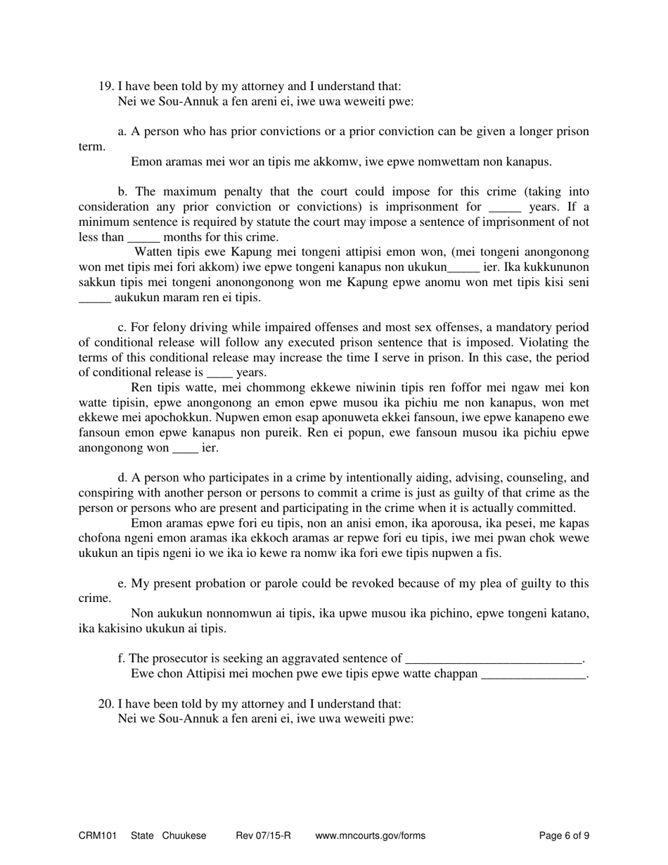 Form CRM101 Appendix A Petition to Enter Guilty Plea (Felony) - Minnesota (English / Chuukese), Page 6