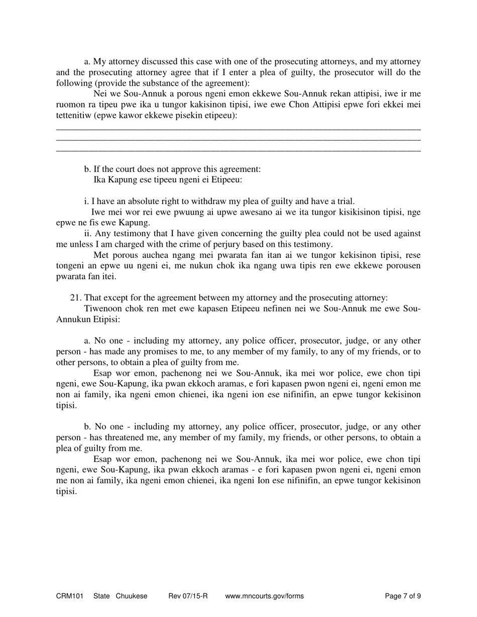 Form CRM101 Appendix A Petition to Enter Guilty Plea (Felony) - Minnesota (English / Chuukese), Page 7